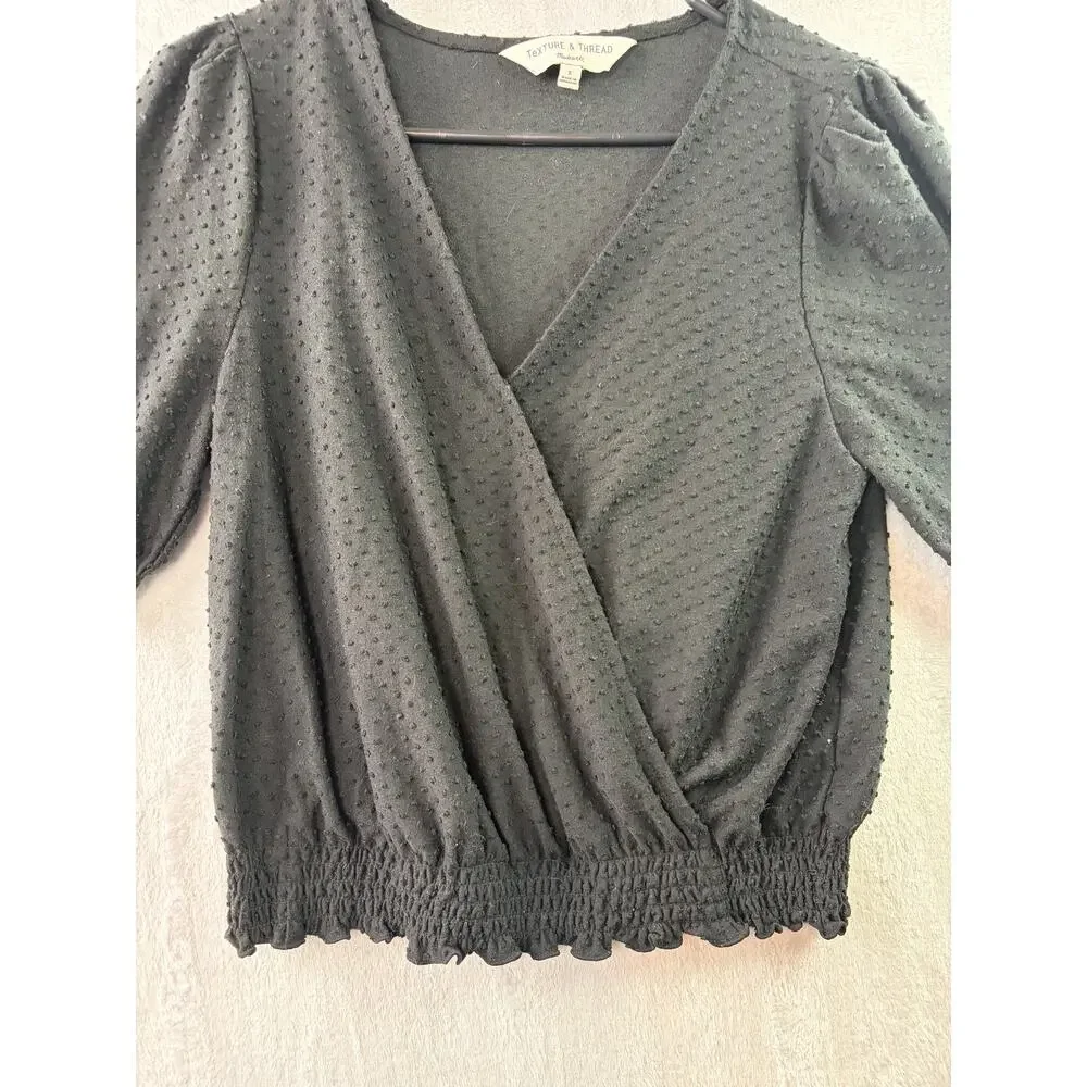 Madewell Texture & Thread Clipdot Smocked Crossover Top – Black – Size S